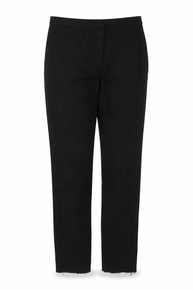 Front view of Mango women’s black slim trousers, size UK 10, cotton stretch workwear