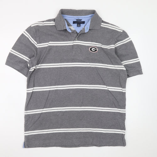 Tommy Hilfiger Men's Grey Striped Polo Shirt Size L Cotton