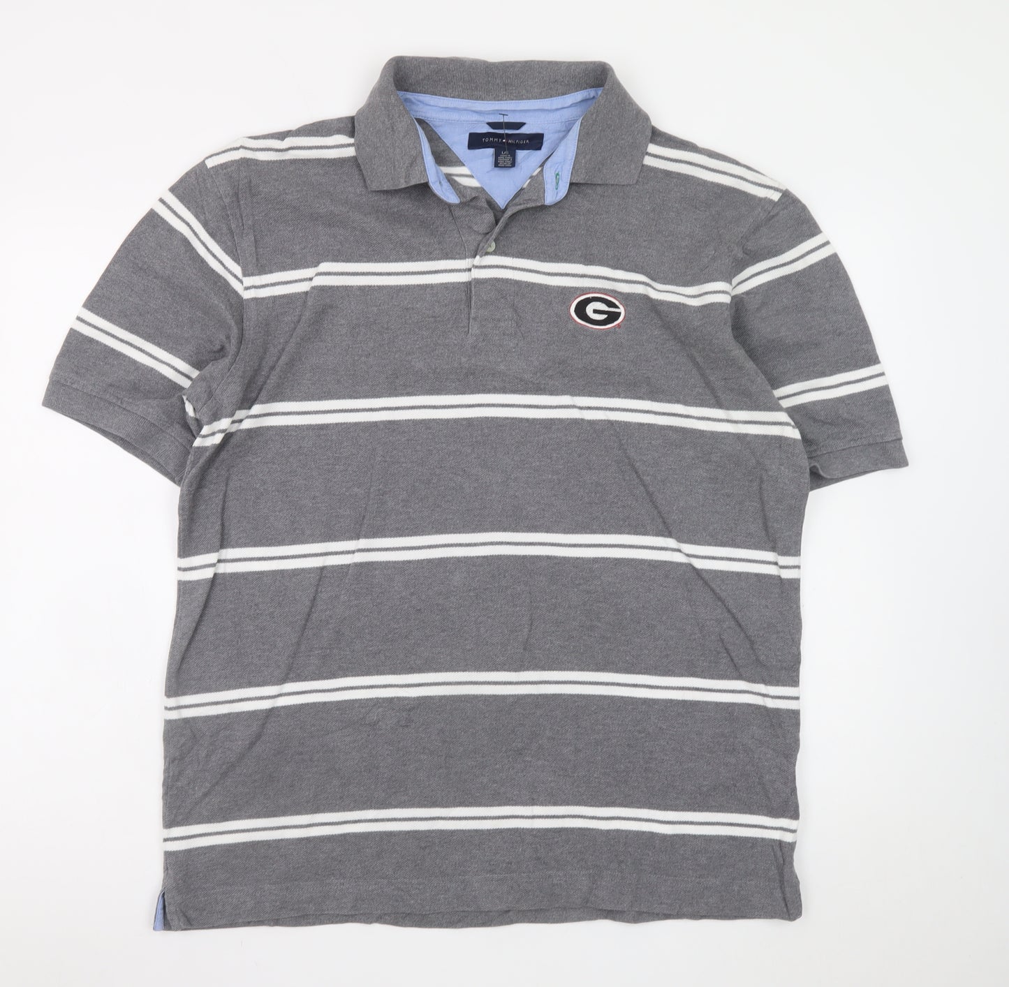 Tommy Hilfiger Men's Grey Striped Polo Shirt Size L Cotton