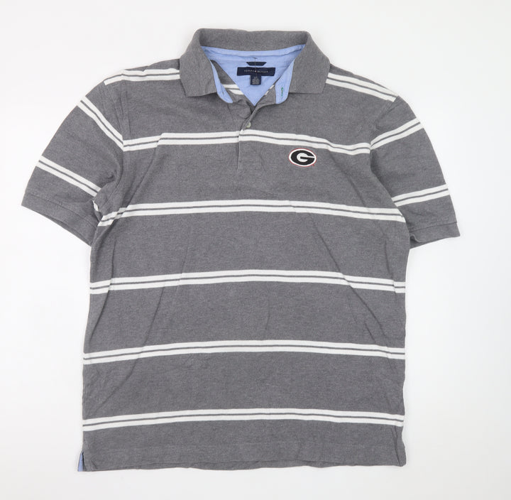 Tommy Hilfiger Men's Grey Striped Polo Shirt Size L Cotton