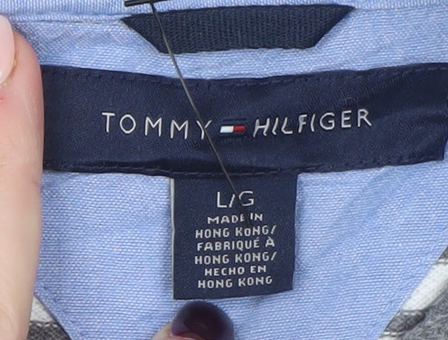 Tommy Hilfiger Men's Grey Striped Polo Shirt Size L Cotton