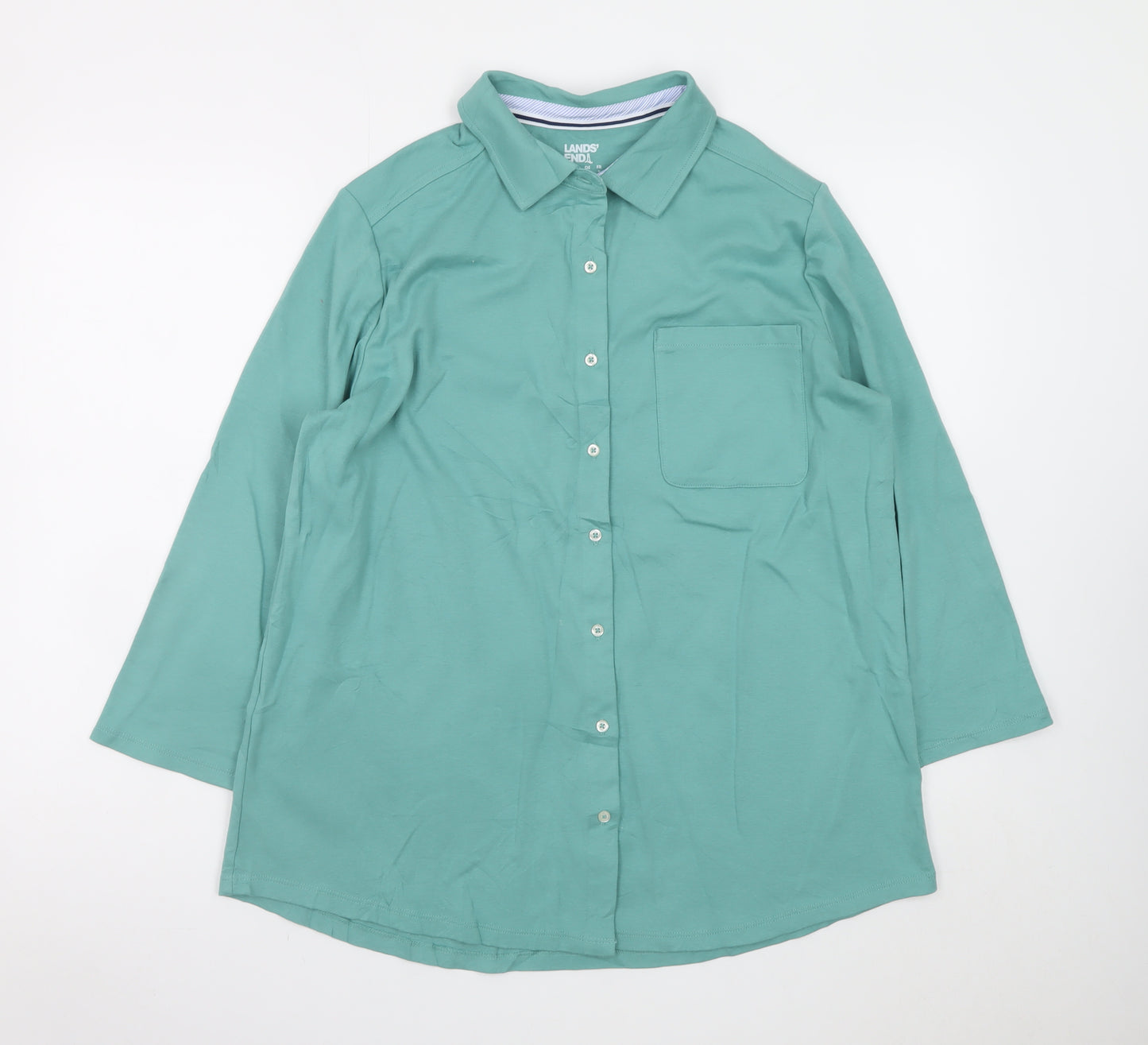 Lands' End Women's Green Cotton Long Sleeve Button-Up Shirt L