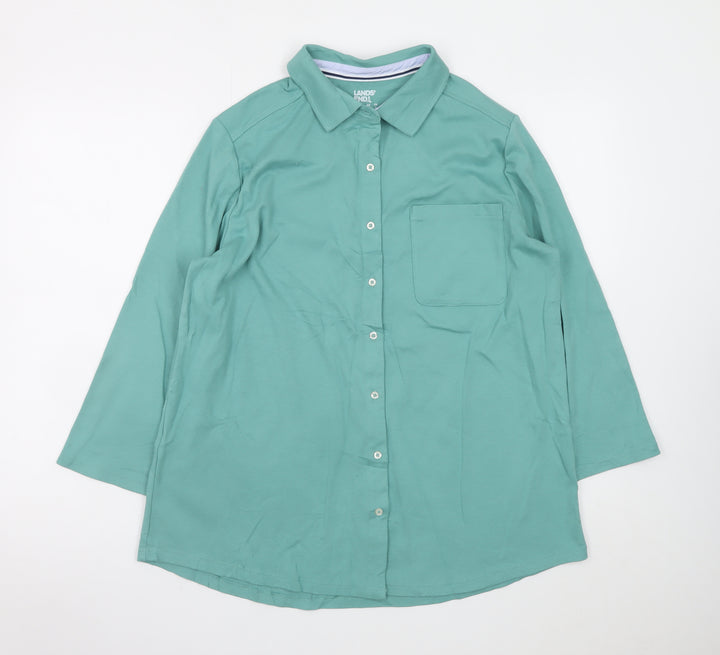 Lands' End Women's Green Cotton Long Sleeve Button-Up Shirt L