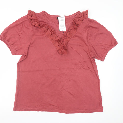 New Look Women Red Short Sleeve Lace Trim V-Neck T-Shirt UK 12