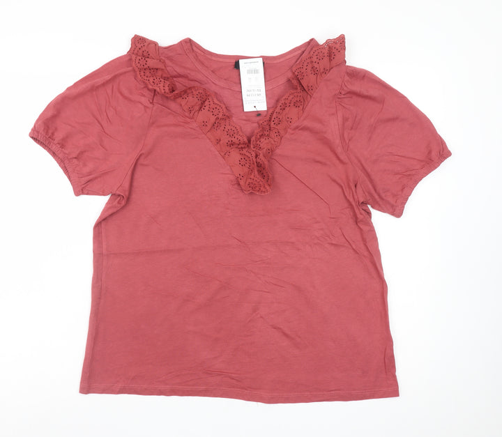 New Look Women Red Short Sleeve Lace Trim V-Neck T-Shirt UK 12