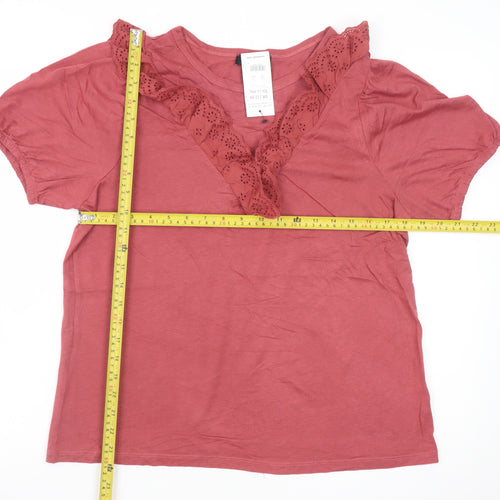 New Look Women Red Short Sleeve Lace Trim V-Neck T-Shirt UK 12