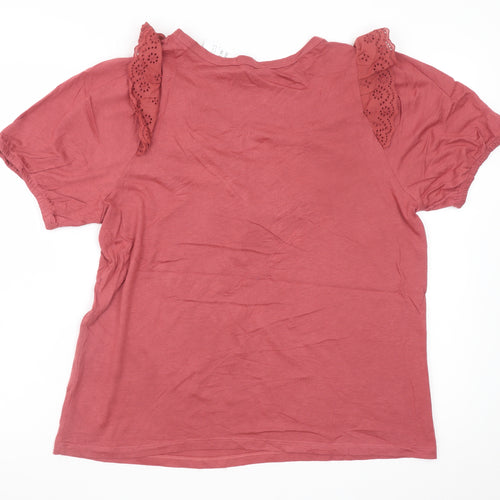 New Look Women Red Short Sleeve Lace Trim V-Neck T-Shirt UK 12