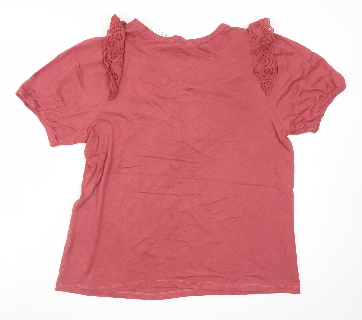 New Look Women Red Short Sleeve Lace Trim V-Neck T-Shirt UK 12
