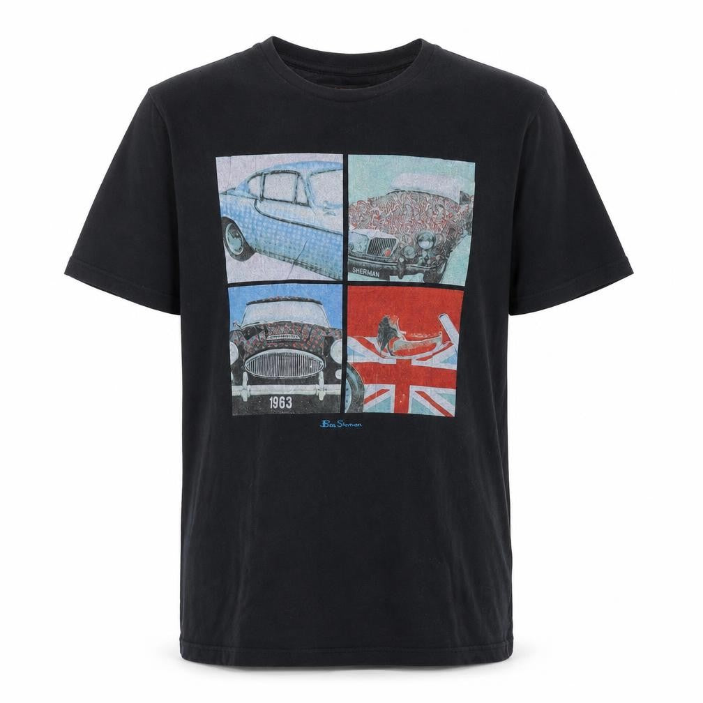 Front view of Ben Sherman Men's Black Graphic Car Print T-Shirt Medium