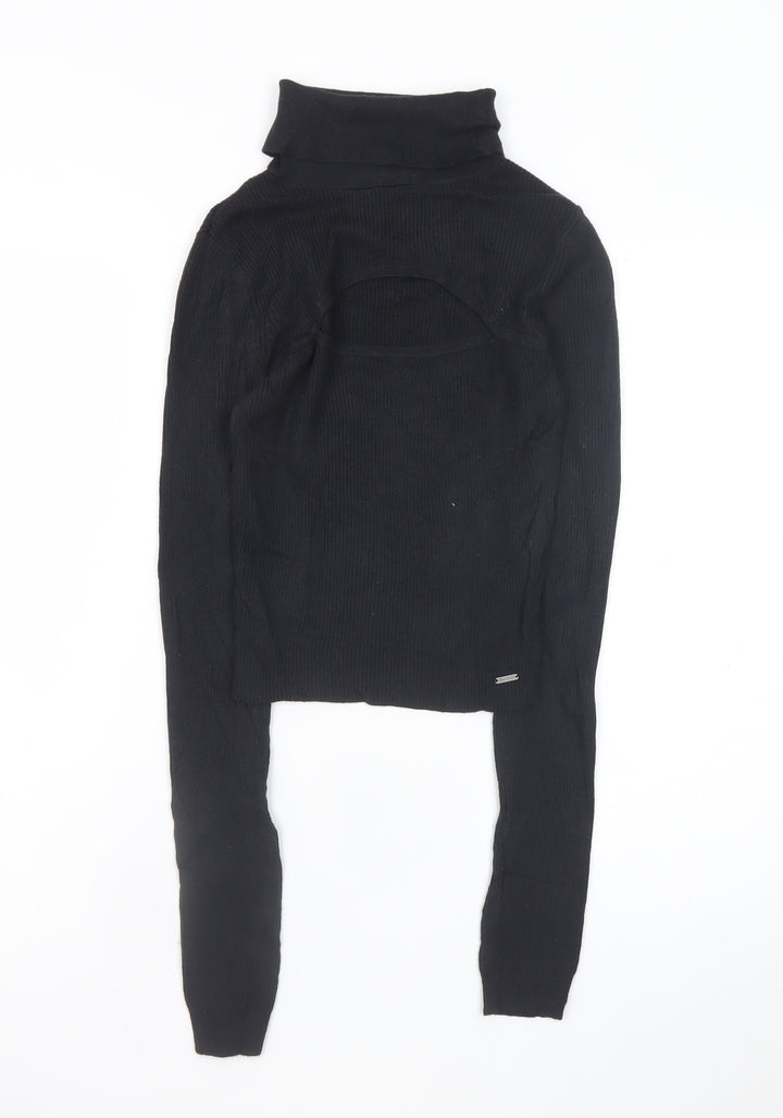 Hollister Women's Black XS Cropped Roll Neck Ribbed Long Sleeve Top