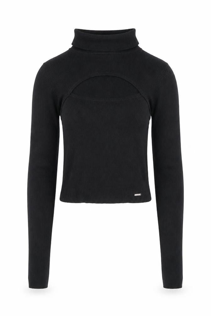 Hollister Women's Black XS Cropped Roll Neck Ribbed Long Sleeve Top