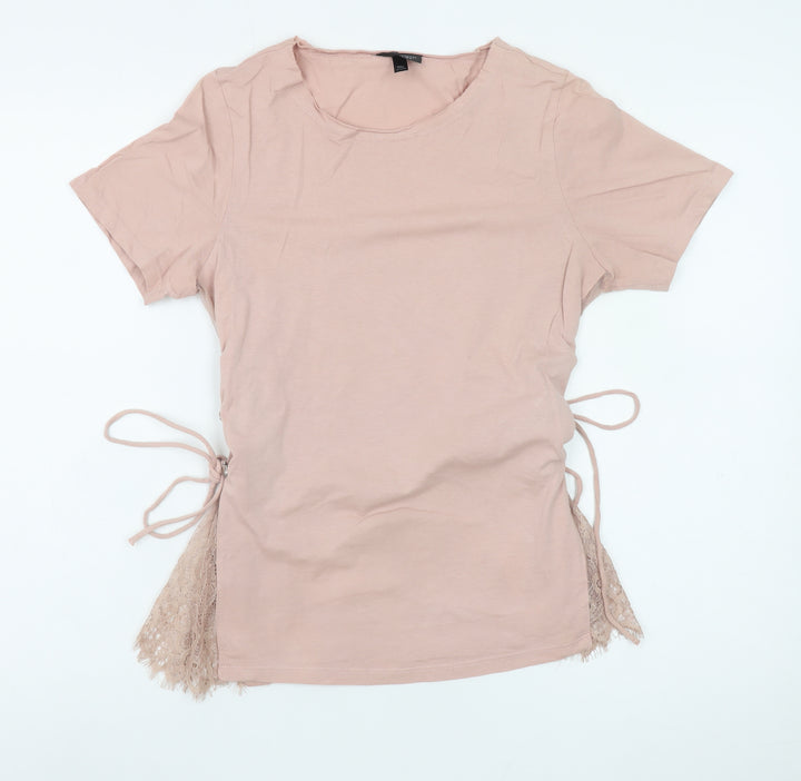 Topshop Women Pink Lace Side Tie Cotton T-Shirt Size 10