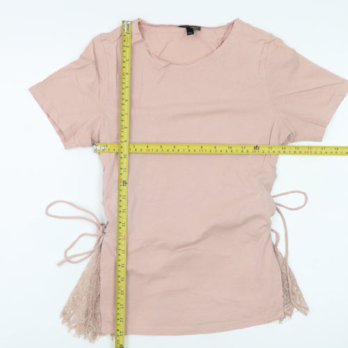 Topshop Women Pink Lace Side Tie Cotton T-Shirt Size 10
