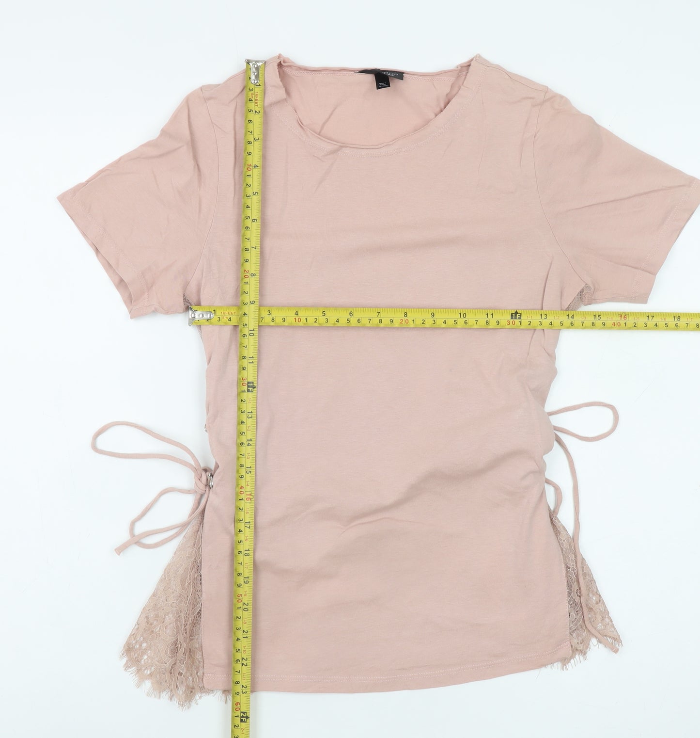 Topshop Women Pink Lace Side Tie Cotton T-Shirt Size 10