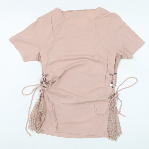 Topshop Women Pink Lace Side Tie Cotton T-Shirt Size 10