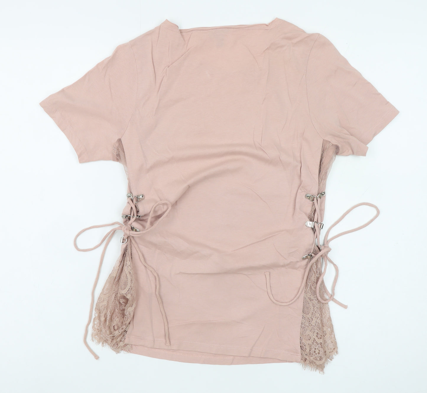 Topshop Women Pink Lace Side Tie Cotton T-Shirt Size 10