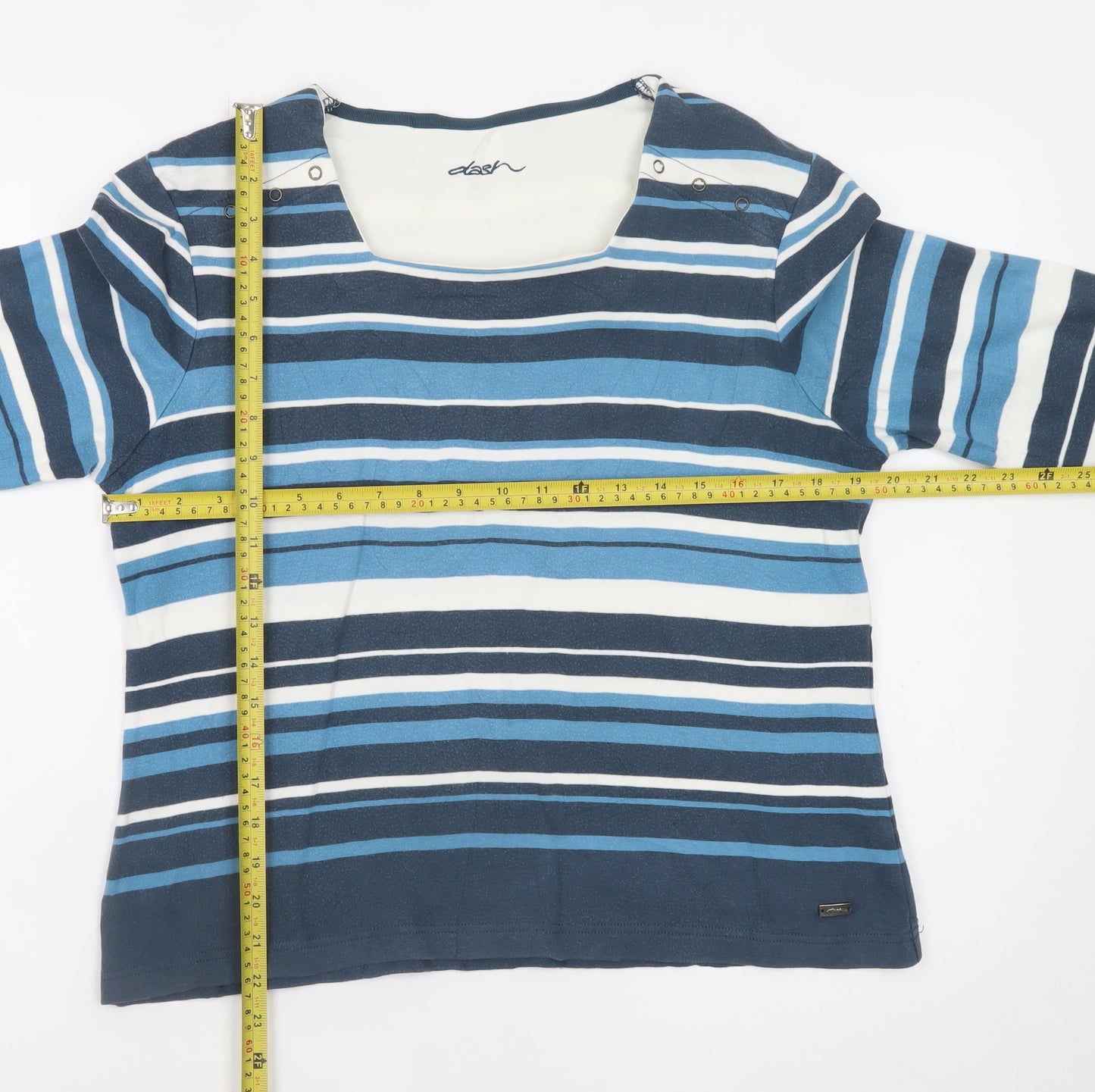 Dash Women's Blue Striped 3/4 Sleeve Cotton Stretch T-Shirt Size 16