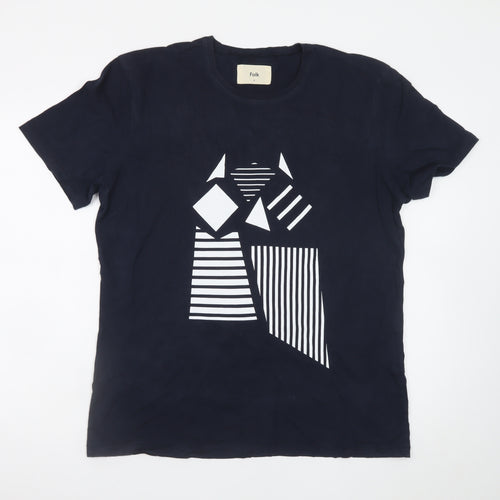 Folk Men's Blue Geometric Art Cotton Crew Neck T-Shirt L