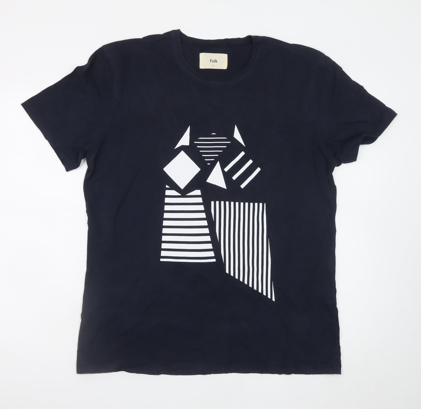 Folk Men's Blue Geometric Art Cotton Crew Neck T-Shirt L