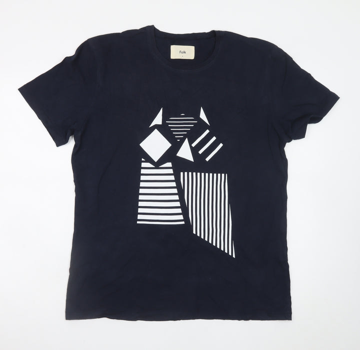 Folk Men's Blue Geometric Art Cotton Crew Neck T-Shirt L