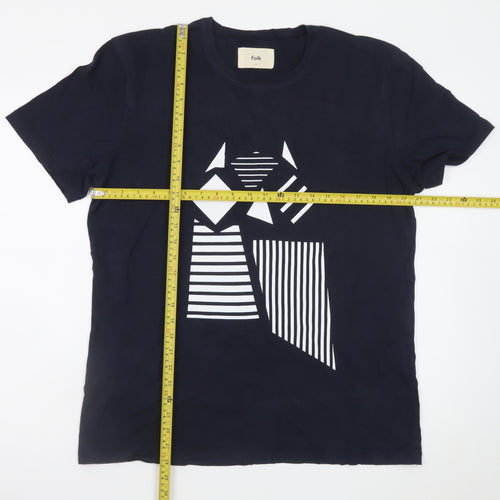 Folk Men's Blue Geometric Art Cotton Crew Neck T-Shirt L