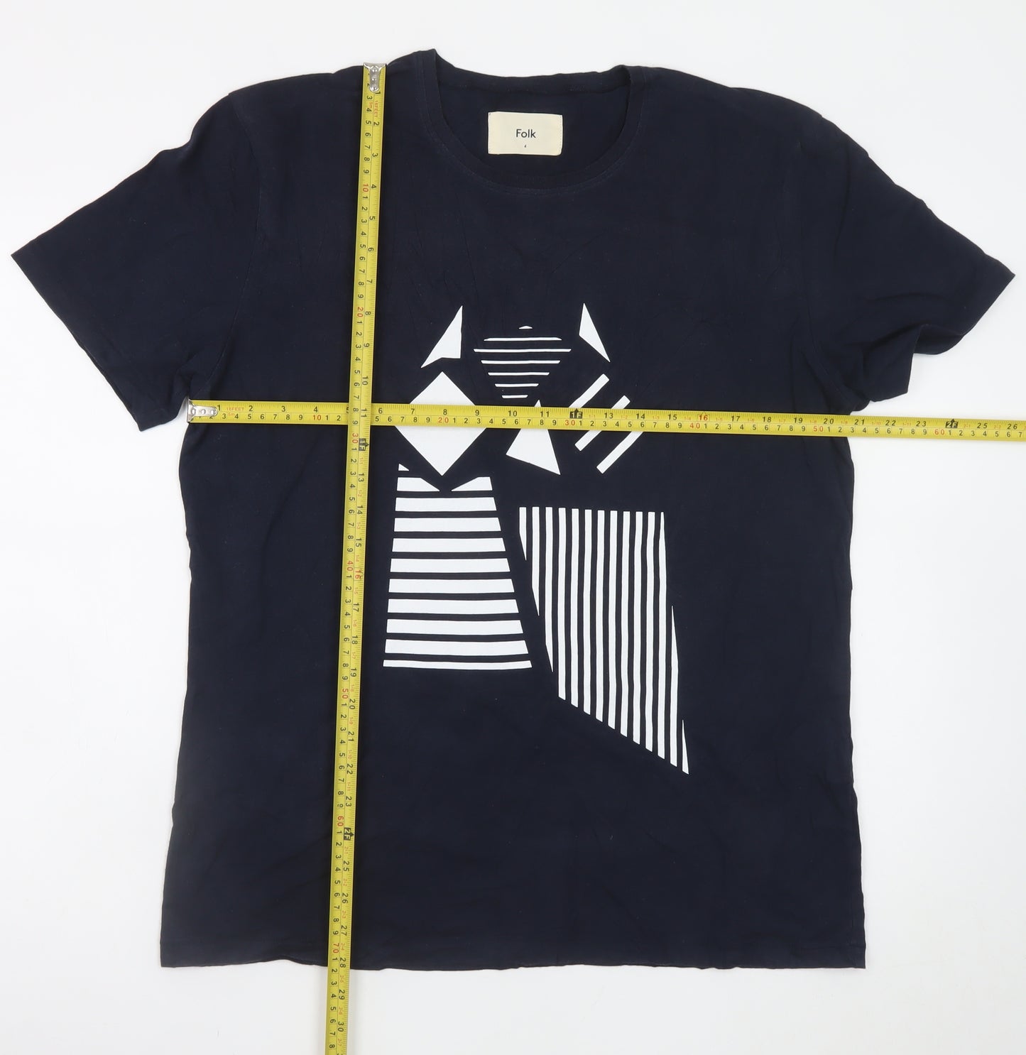 Folk Men's Blue Geometric Art Cotton Crew Neck T-Shirt L
