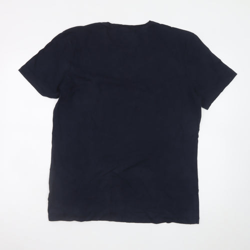 Folk Men's Blue Geometric Art Cotton Crew Neck T-Shirt L