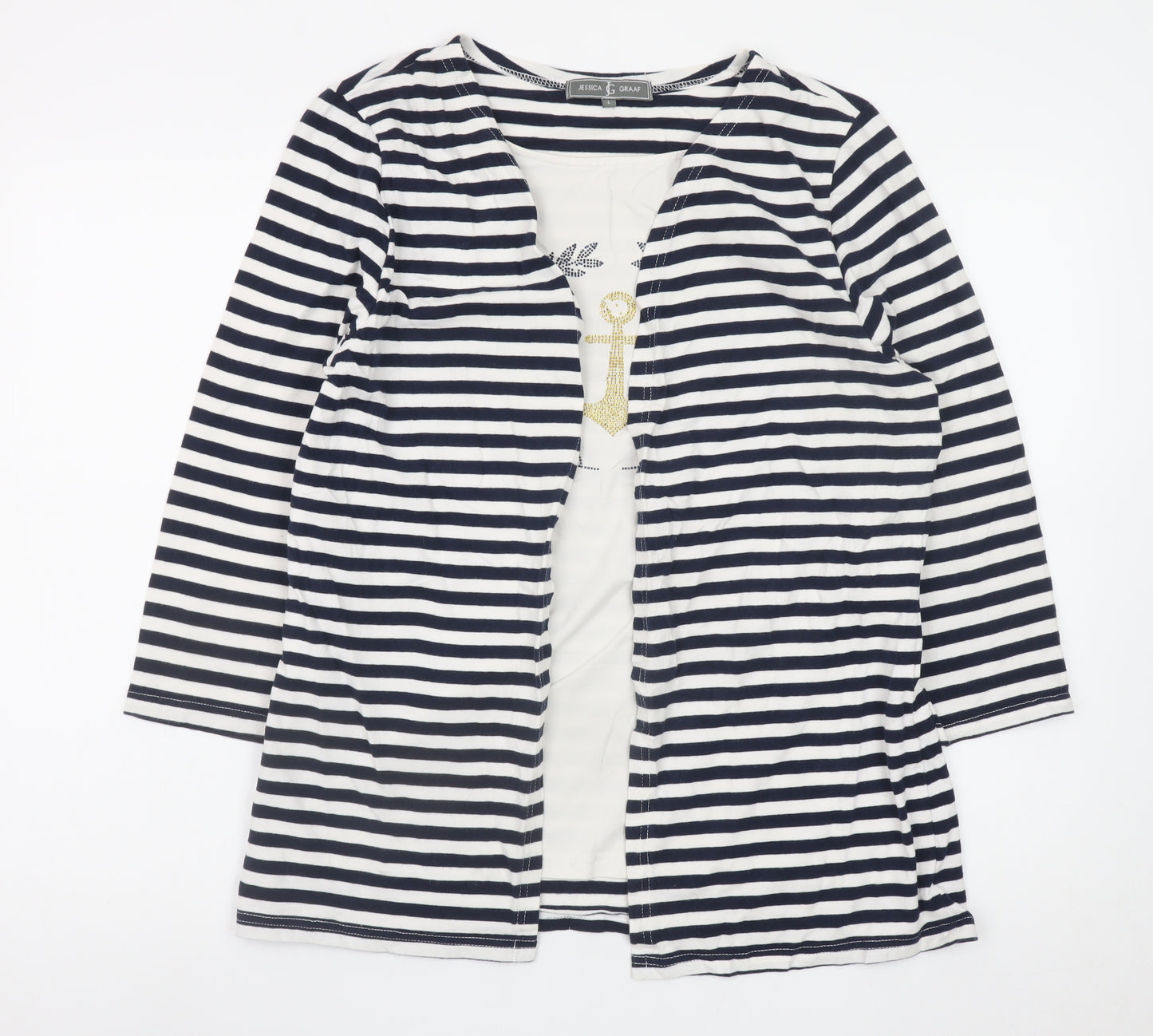 Jessica Graaf Women’s Blue Striped 3/4 Sleeve Nautical T-Shirt L
