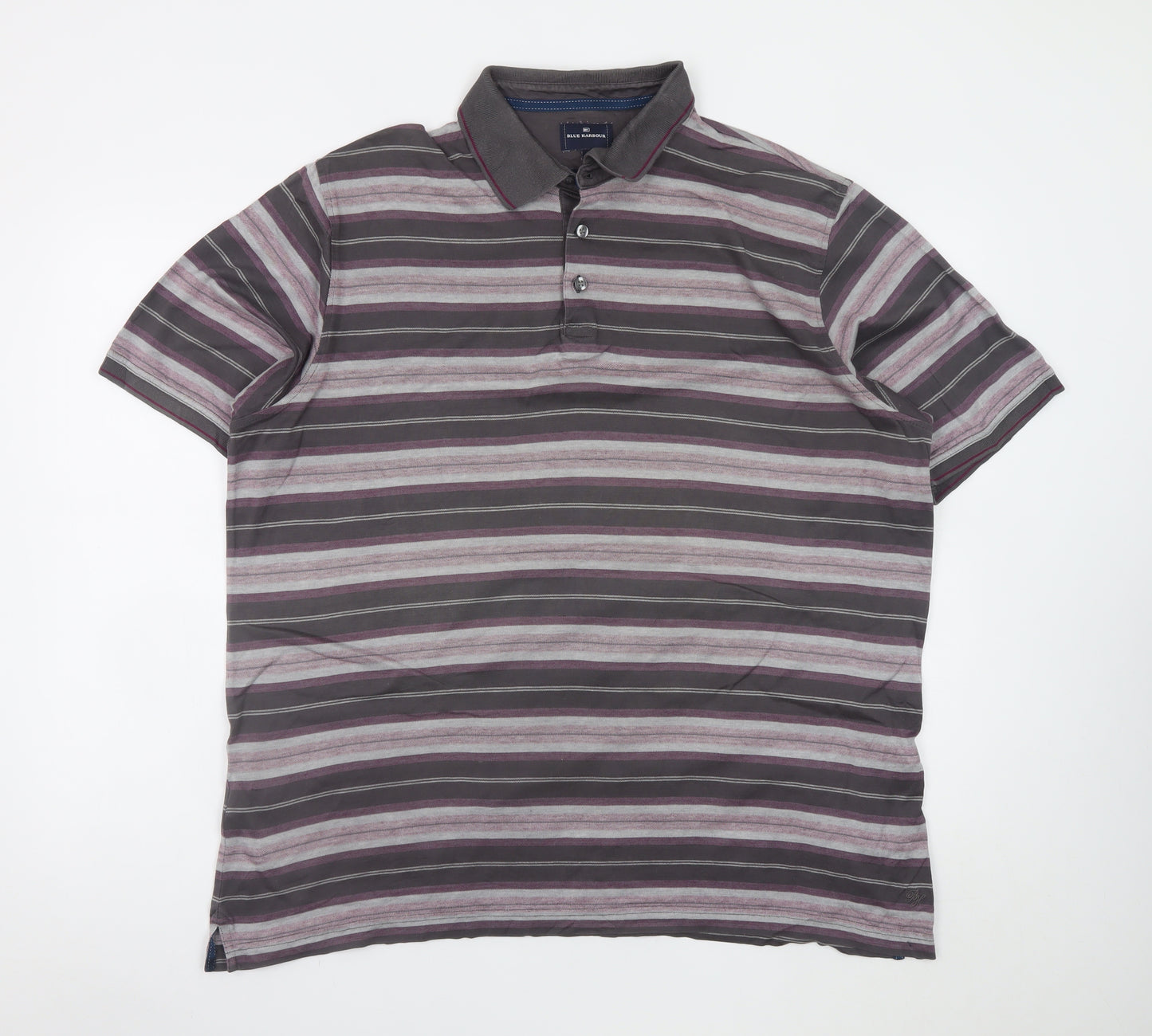 Marks and Spencer Men's Grey Striped Cotton Polo Shirt XL