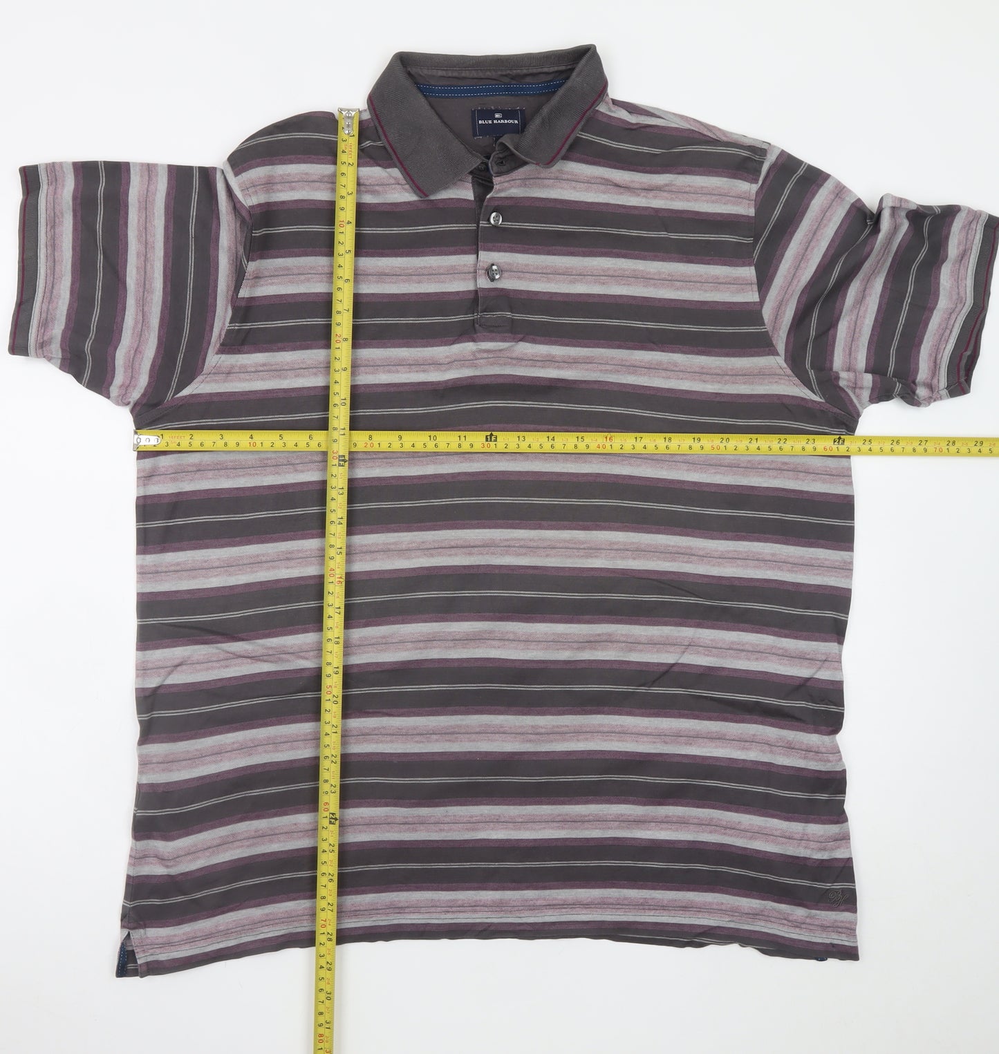 Marks and Spencer Men's Grey Striped Cotton Polo Shirt XL