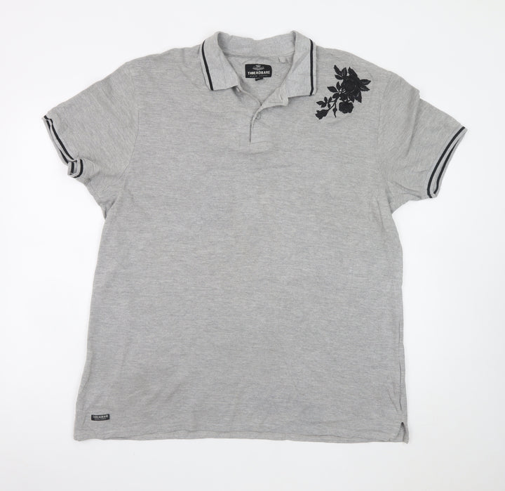 Threadbare Mens Grey Floral Embroidered Polo Shirt XL