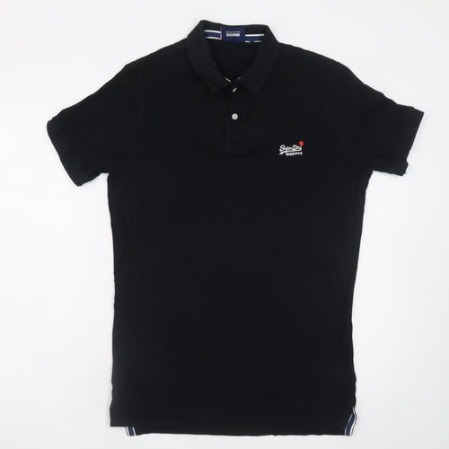 Superdry Men's Black Slim Fit Polo Shirt Size S Cotton Embroidered Logo