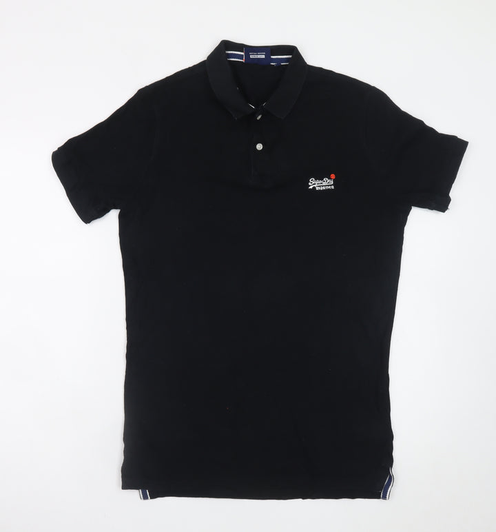 Superdry Men's Black Slim Fit Polo Shirt Size S Cotton Embroidered Logo