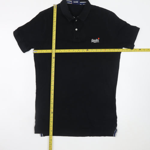 Superdry Men's Black Slim Fit Polo Shirt Size S Cotton Embroidered Logo