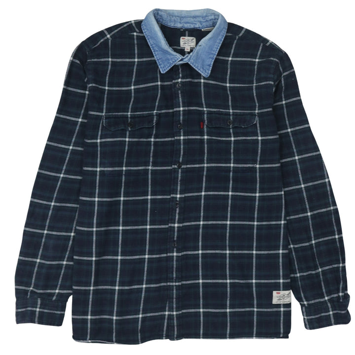 Levi's Men Blue Check Flannel Shirt XXL Long Sleeve Denim Collar