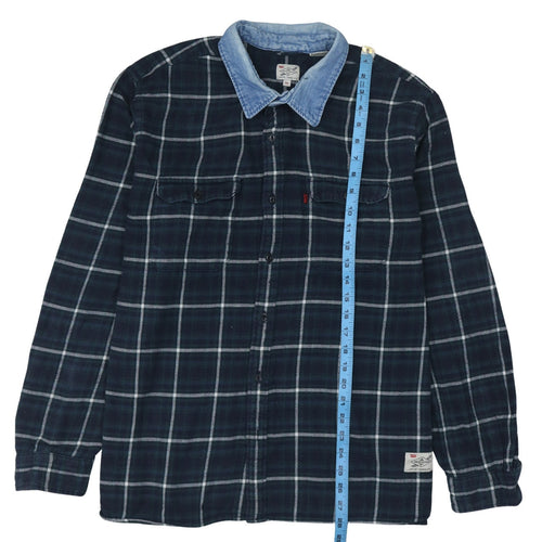 Levi's Men Blue Check Flannel Shirt XXL Long Sleeve Denim Collar