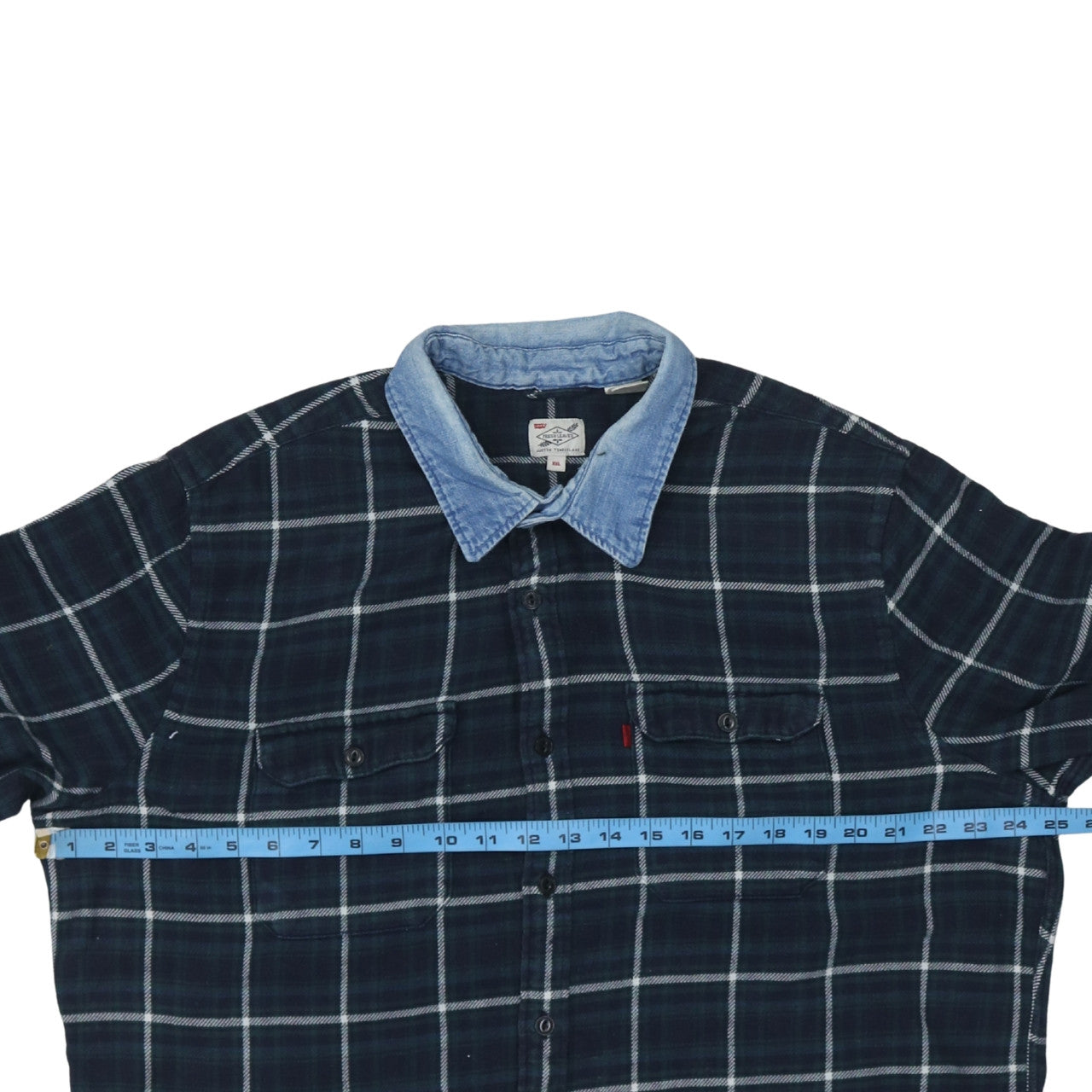 Levi's Men Blue Check Flannel Shirt XXL Long Sleeve Denim Collar