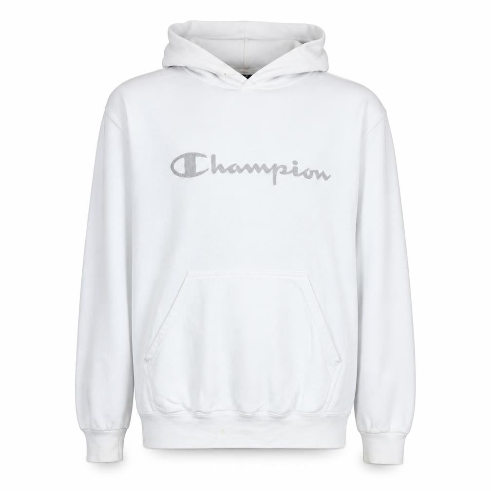 Front view of Champion Men's White Pullover Hoodie L Logo Sportswear