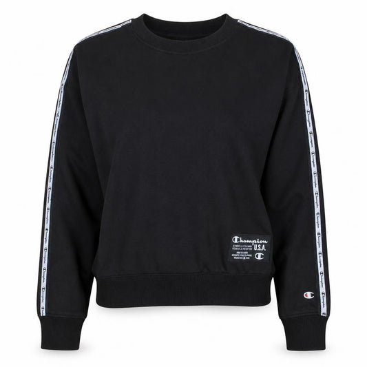 Front view of Champion Women’s Black Large Logo Tape Crew Neck Sweatshirt