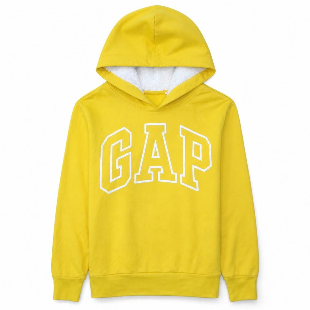 Front view of Gap women’s yellow pullover hoodie small cotton blend logo casual