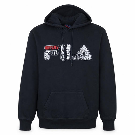 Front view of Fila Men's Black Small Pullover Hoodie Graphic Logo Sweatshirt
