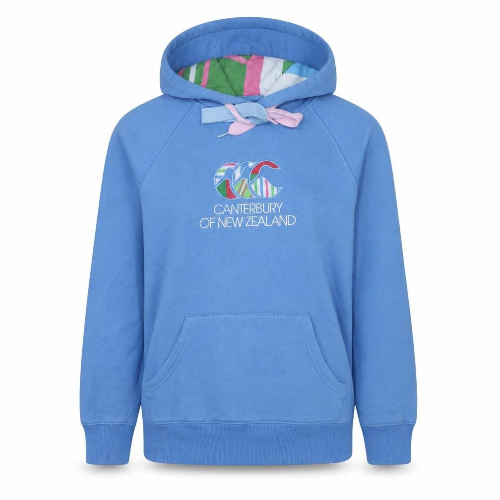 Front view of Canterbury women’s blue pullover hoodie, size UK 10, logo print cotton blend