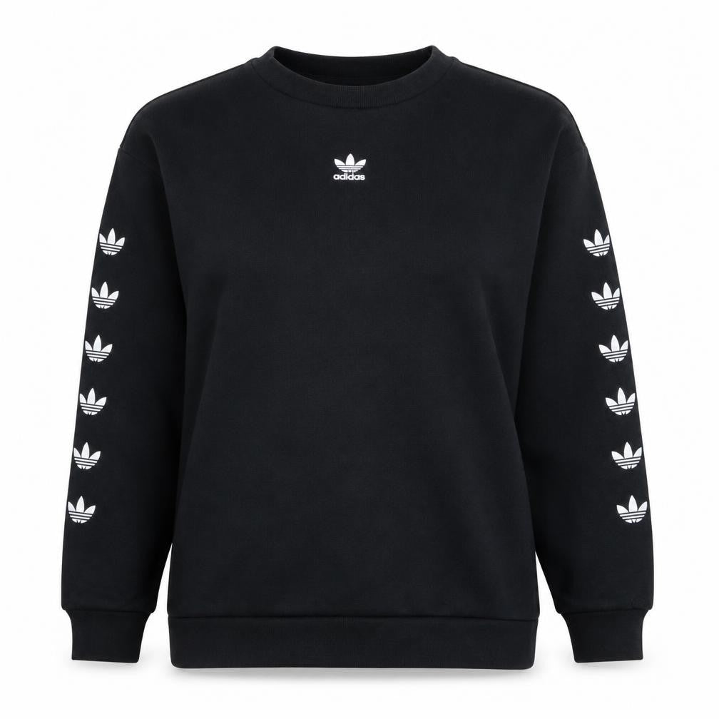 Front view of Adidas women’s black crew neck pullover sweatshirt uk 12 logo print
