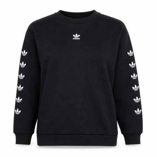 Front view of Adidas women’s black crew neck pullover sweatshirt uk 12 logo print