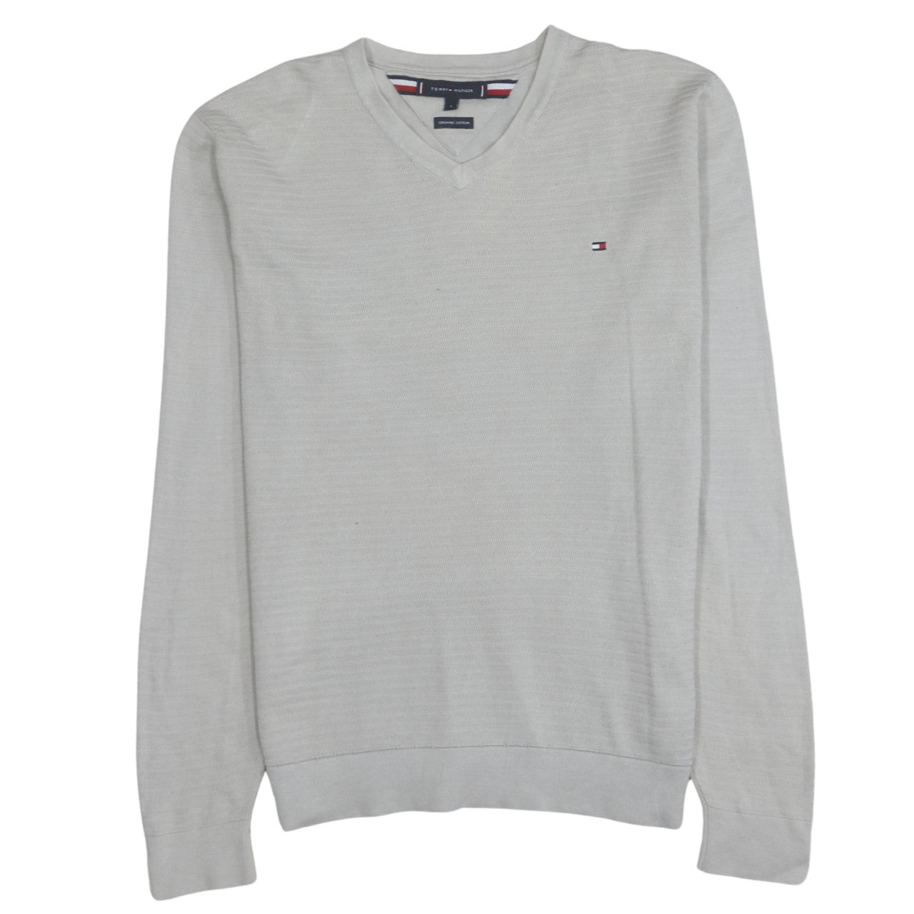 Tommy Hilfiger Men's Beige Organic Cotton V-Neck Jumper Size L