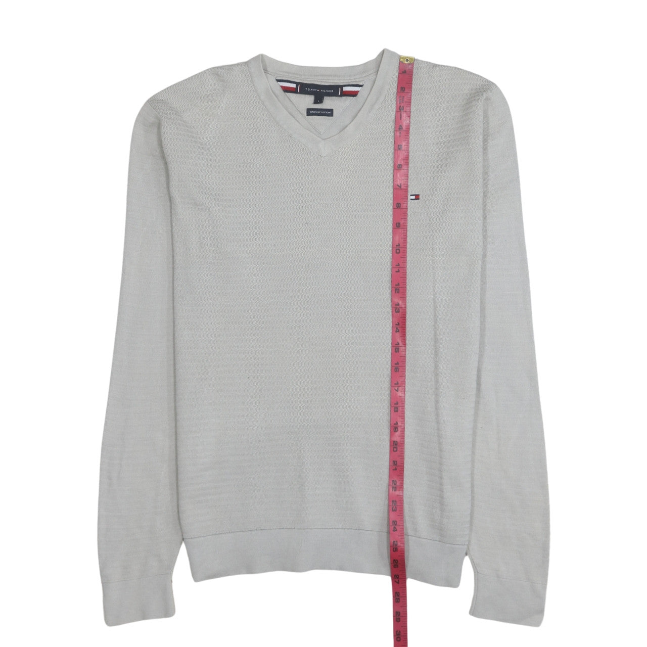 Tommy Hilfiger Men's Beige Organic Cotton V-Neck Jumper Size L