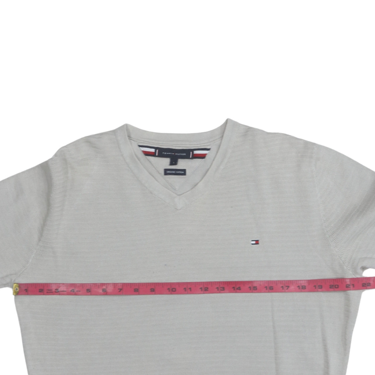 Tommy Hilfiger Men's Beige Organic Cotton V-Neck Jumper Size L