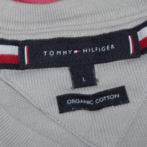 Tommy Hilfiger Men's Beige Organic Cotton V-Neck Jumper Size L