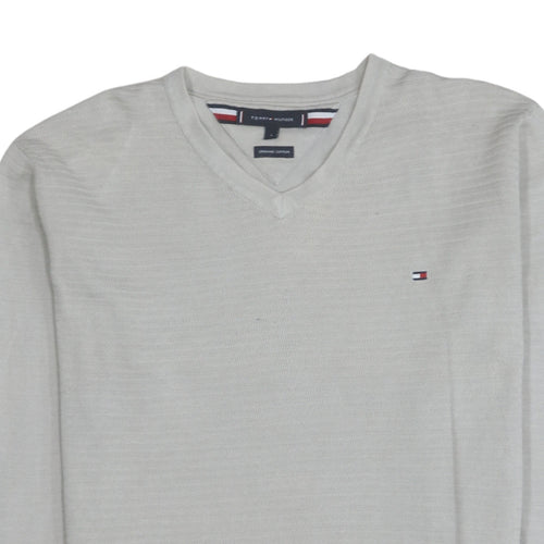 Tommy Hilfiger Men's Beige Organic Cotton V-Neck Jumper Size L