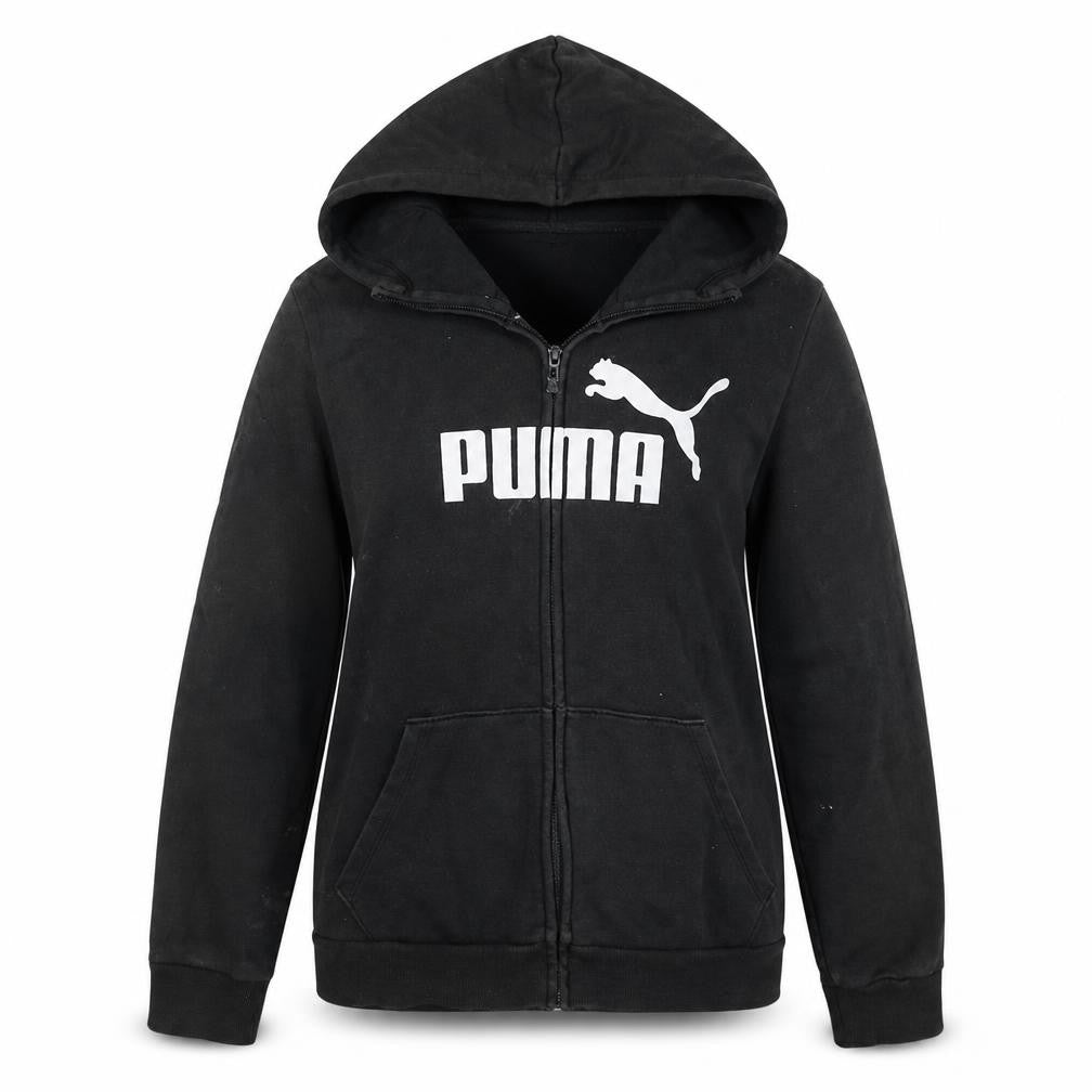 Front view of PUMA women’s black large full zip hoodie sweatshirt with logo